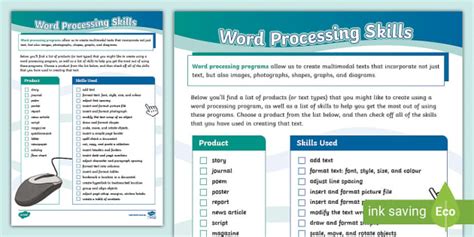 Using Word Processing Programs Skills Checklist Twinkl