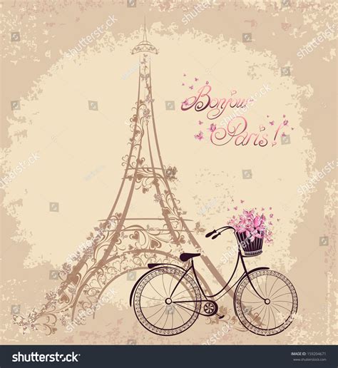 Bonjour Paris Text With Tower Eiffel And Bicycle Romantic Postcard