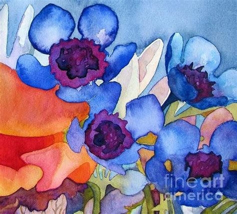 Watercolor Painting Of Blue And Orange Flowers