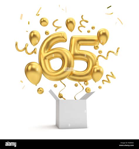 Happy 65th Birthday Gold Surprise Balloon And Box 3d Rendering Stock