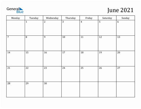 June 2021 Monthly Calendar