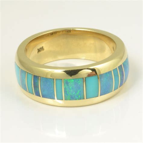 Turquoise And Australian Opal Ring In 14k Yellow Gold The Hileman
