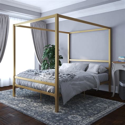 Metal canopy bed with an ornate scrolling design product. DHP Modern Canopy Bed, Gold, Queen - Walmart.com