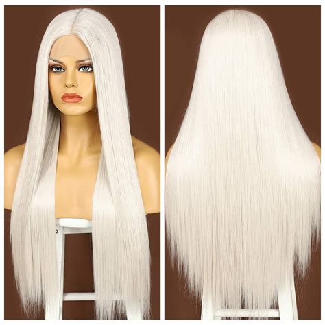 60 platinum blonde synthetic lace front wigs with deep middle part long straight synthetic wig