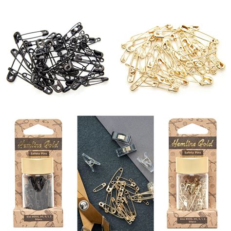 Hemline Gold Safety Pins Assorted Sizes 50 Pcs Black Or Gold