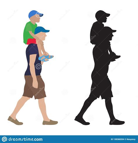 Moving Man With Child Sitting On His Shoulders And Their Silhouette ...