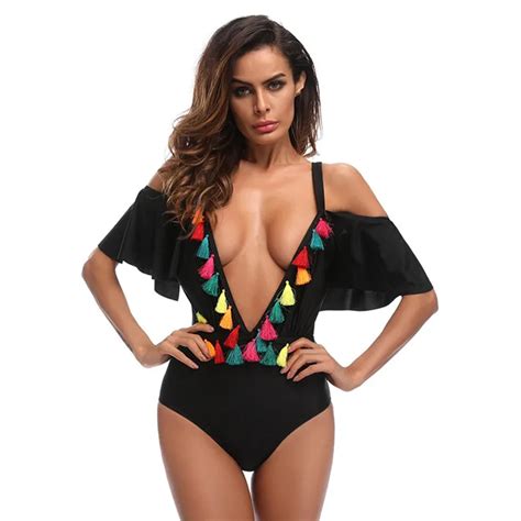 2018 Sexy Deep V Black Ruffle Color Swimsuit Bathing Suit Trikini Monokini High Cut Waist