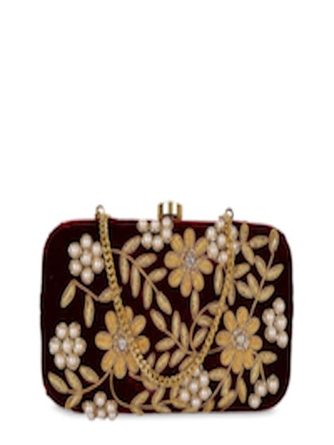 Buy Rezzy Burgundy And Gold Toned Embellished Box Clutches Clutches For