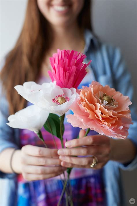 Tie a few into a tree. Crepe paper flowers: DIY pretty peonies - Think.Make.Share.
