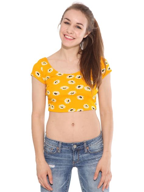 Enlin Daisy Floral Print Cap Sleeve Crop Top Midriff Belly Shirt In Black Or Yellow Walmart