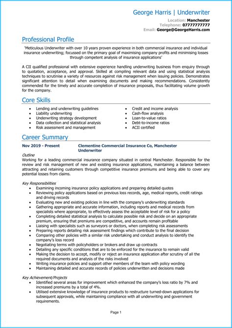 Underwriter Cv Example Writing Guide Get Noticed