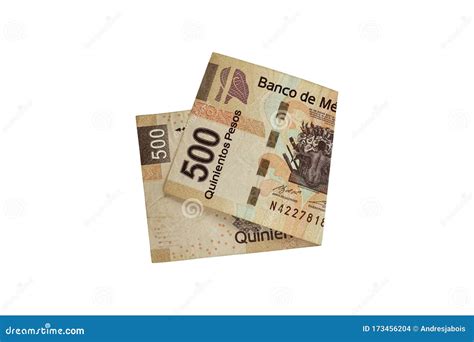 A Single Middle Folded 500 Mexican Peso Bill Isolated On White