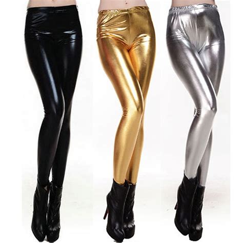 womens faux leather wet look shiny metallic high waist legging pants trousers women clothing