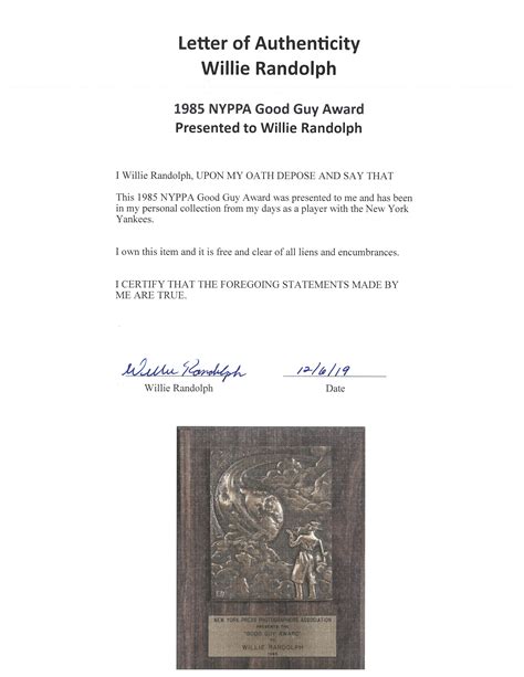 Lot Detail 1985 Nyppa Good Guy Award Presented To Willie Randolph