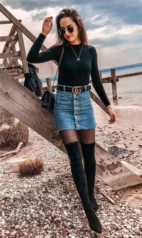 Denim Skirt With Knee High Boots Fall Outfit Ideas Classic Winter