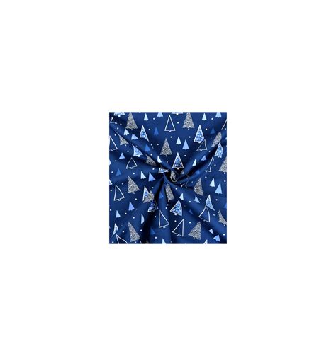 Tissu Popeline De Coton Bleu Marine Motifs Sapins De Noël Au Fil De