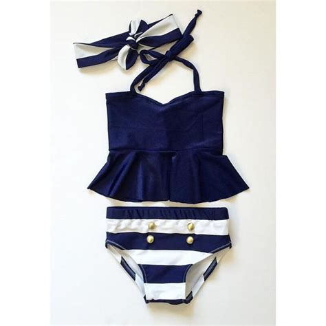 Summer 3pcs Kids Baby Girls Set Navy Striped Bathing Swimsuit Swimwear