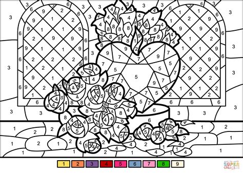Roses And Heart Color By Number Free Printable Coloring Pages