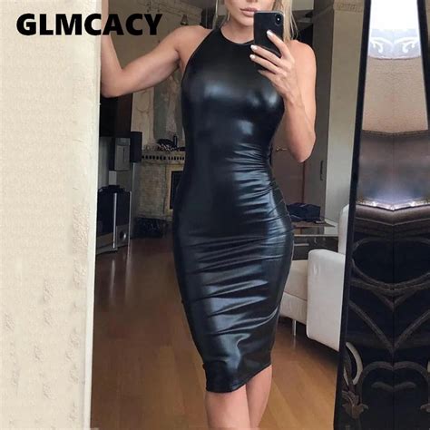 Aliexpress Com Buy Women Sexy Pu Leather Bodycon Midi Dress Casual Clubwear Party Dresses Pink