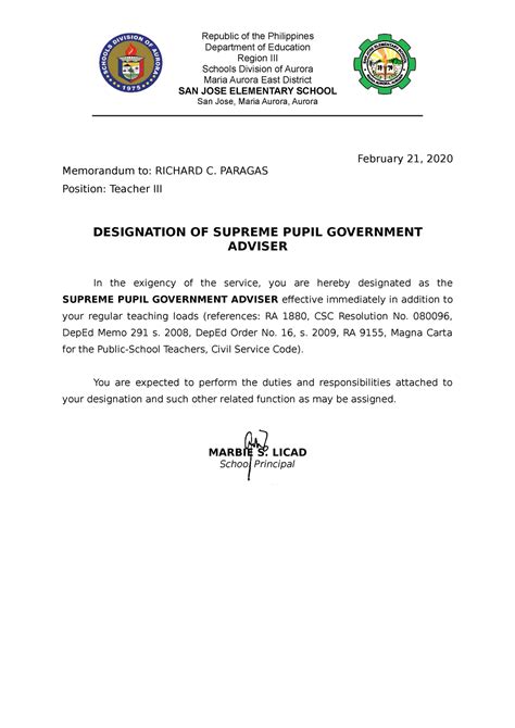 Designation As Spg Adviser Republic Of The Philippines Department Of