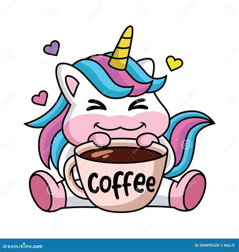 Expression Of A Cute Cartoon Unicorn Happy With A Cup Of Coffee Stock