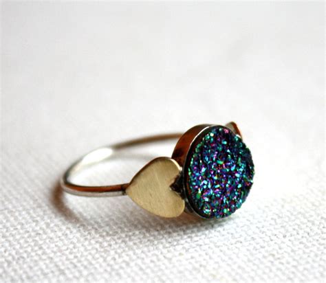 Purple And Green Intergalactic Drusy Ring With Brass Hearts In Sterling