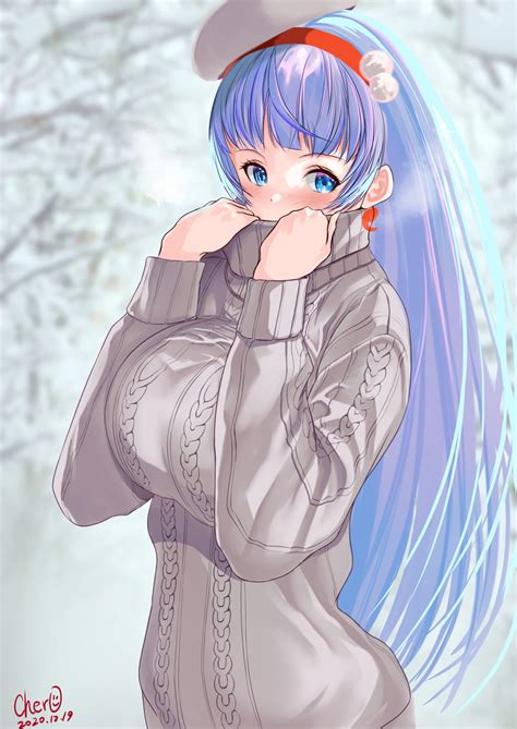 safebooru 1girl adjusting collar artist name blue eyes blue hair blurry blurry background