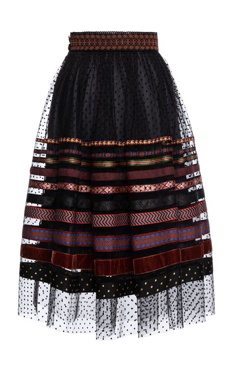 Lena Hoschek Sella Ribbon Detailed Flocked Chiffon Midi Skirt Skirt
