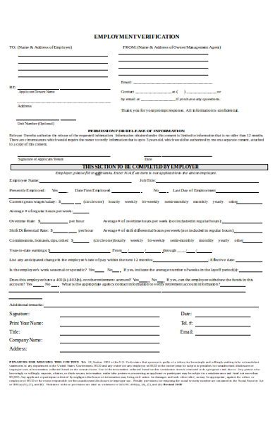 Printable Employment Verification Forms