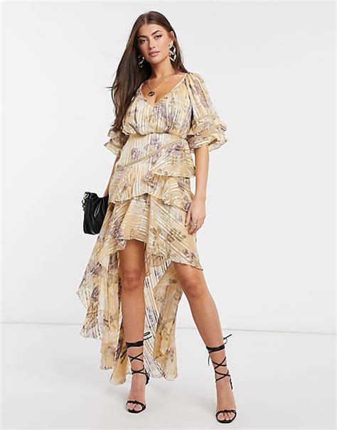 Asos Design Tiered Ruffle Maxi Dress In Floral Print With Satin And
