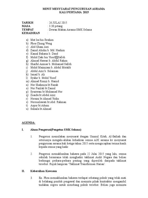 Minit mesyuarat kali ketiga panitia bahasa melayu. Minit Mesyuarat Pengurusan Asrama Kali Ketiga