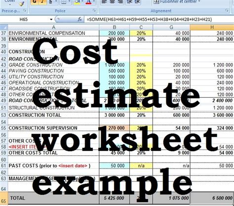 Construction Cost Estimate Worksheet