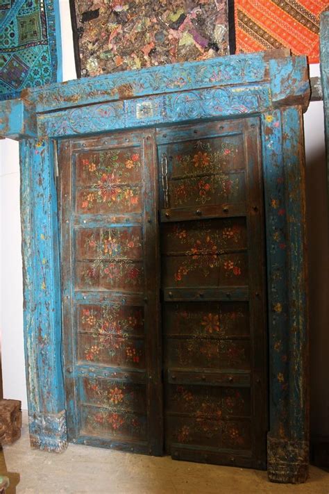 Distressed Blue Floral Indian Teak Double Doors Hand Carved Haveli