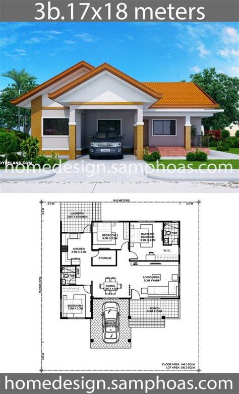 House Design Plans 17x18m With 3 Bedrooms Home Ideassearch Bungalow