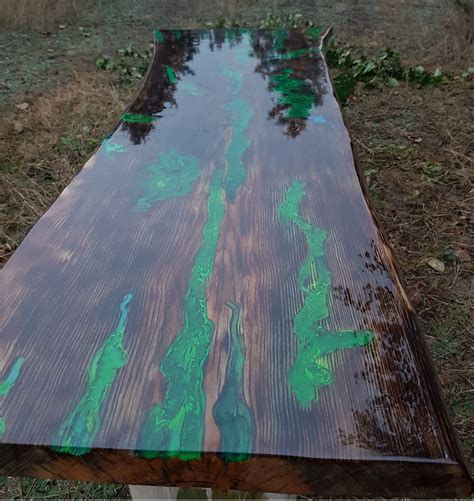 Live Edge Epoxy Coffee Table With Fluorescent Green Turquoise Glowing