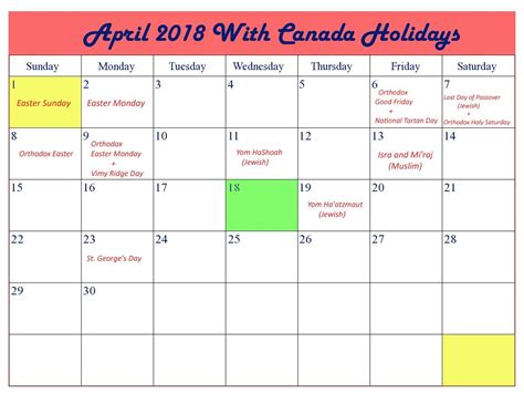 April 2018 Calendar Canada Holidays Holiday Calendar Canada Holiday