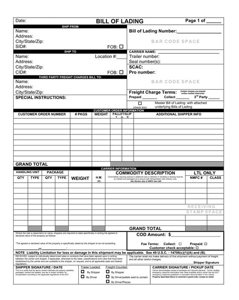 Blank Bill Of Lading Template