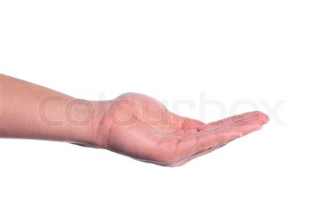 The Mans Left Hand Is Extended Palm Up Stock Photo