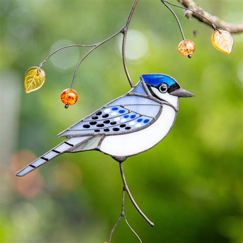 Stained Glass Blue Jay Bird Window Hanging