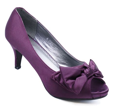 Ladies Purple Satin Peep Toe Slip On Low Heel Court Smart Work Shoes