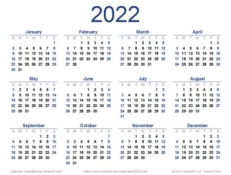 Vertex42 2022 Printable Calendar Year 2022 Editable 2022 Yearly