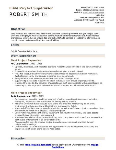 Field Project Supervisor Resume Samples Qwikresume