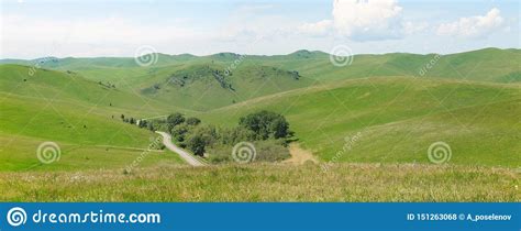 Beautiful Panoramic Landscape With Green Grassy Hills And A Road Among