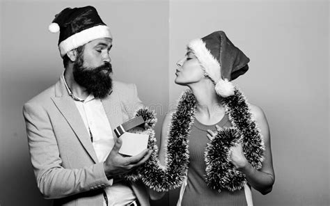 Christmas Party Office Happy Man And Woman Wear Santa Hats Cheerful Couple Celebrate New Year