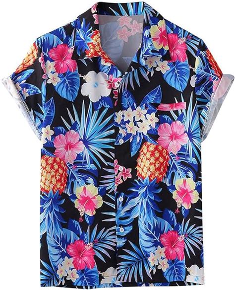 Shownicer Sommer Hemd Herren Hemd Kurzarm Hawaiihemd Mit Button Hawaii Print Fronttasche Holiday