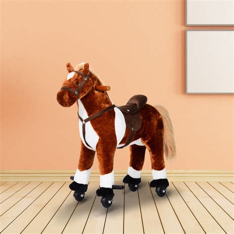 Qaba Kids Plush Ride On Toy Walking Horse With Wheels And Realistic