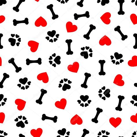 Cute Seamless Pattern With Dog Bone Paw Print And Red Heart Transparent Background — Stock