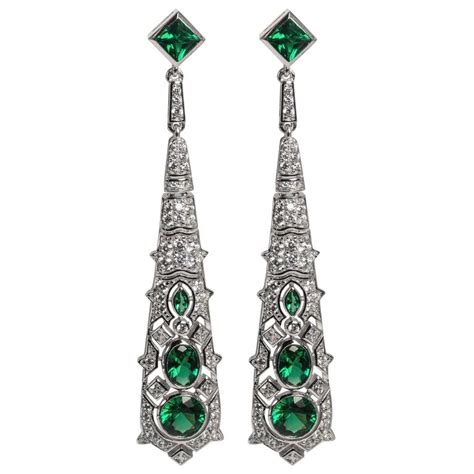 Magnificent Costume Jewelry Diamond Emerald Art Deco Revival Earrings