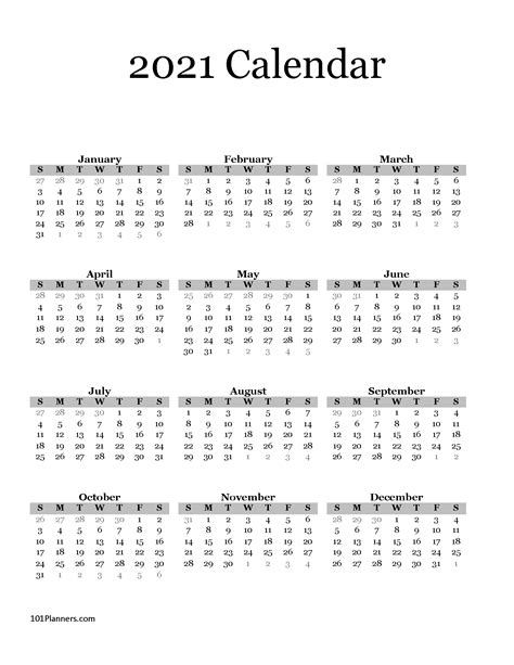 Landscape (horizontal), dates and weekdays at the top; Free printable 2021 yearly calendar at a glance | 101 ...