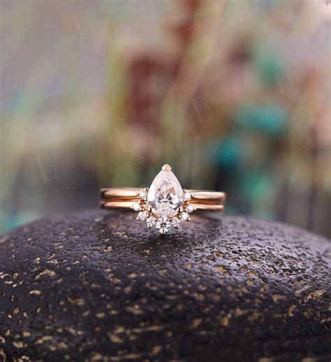 Pear Shaped Moissanite Engagement Ring Set Rose Gold Curved Etsy